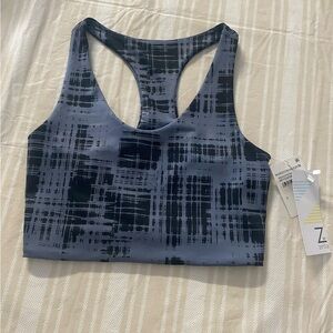 Zella Women’s sporty Grey Folkstone plaid Print Racer back Sports Bra New